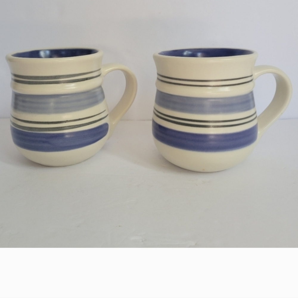 Pfaltzgraff Cream Blue Striped Stoneware Mugs Set Of 2 RIO Ceramic Coffee
